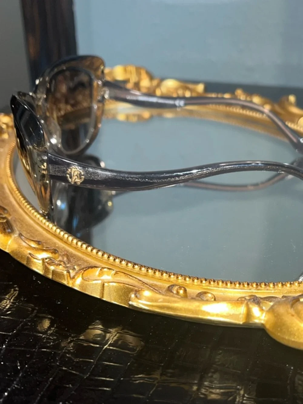 Vintage Roberto Cavalli Sunglasses Gray Cat-Eye with Gold Logo and crystals